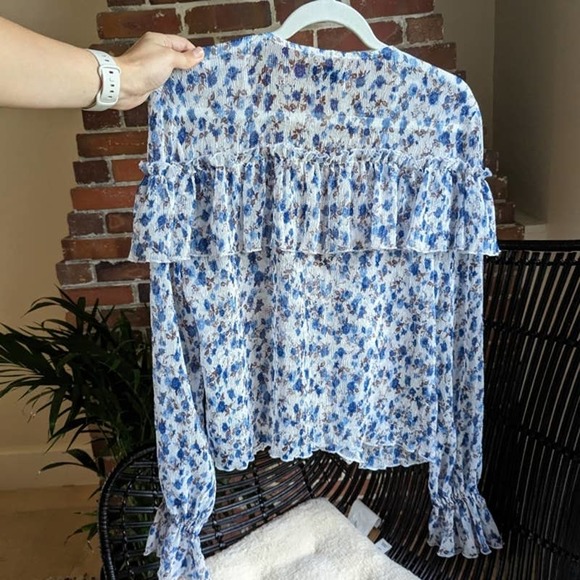 MAJORELLE Floral Ruffle Blouse in Blue and White - Picture 4 of 5